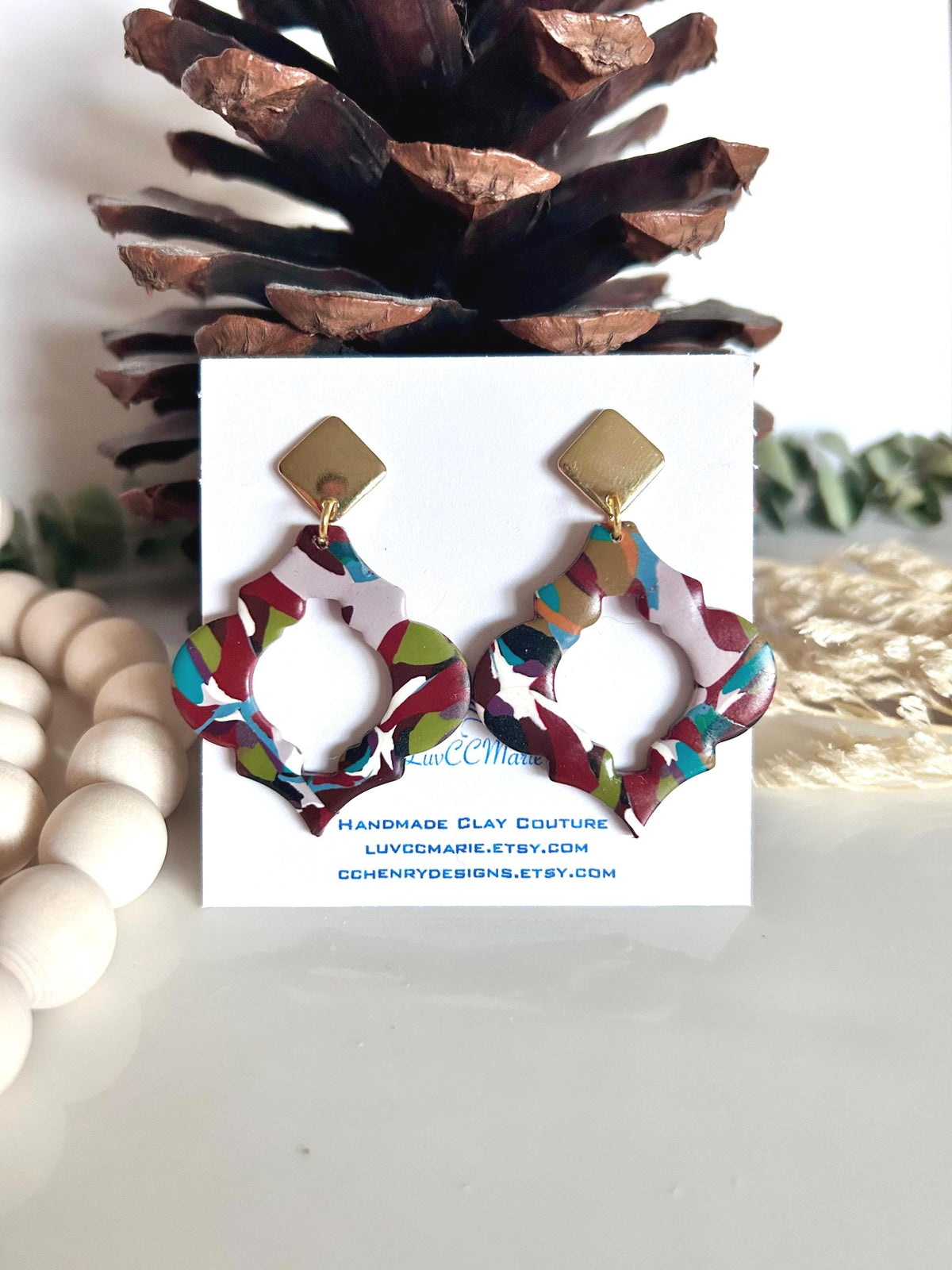 Handmade Moroccan Clay Earrings, Boho Chic Lightweight Dangles, Retro Large Multicolor Statement Jewelry