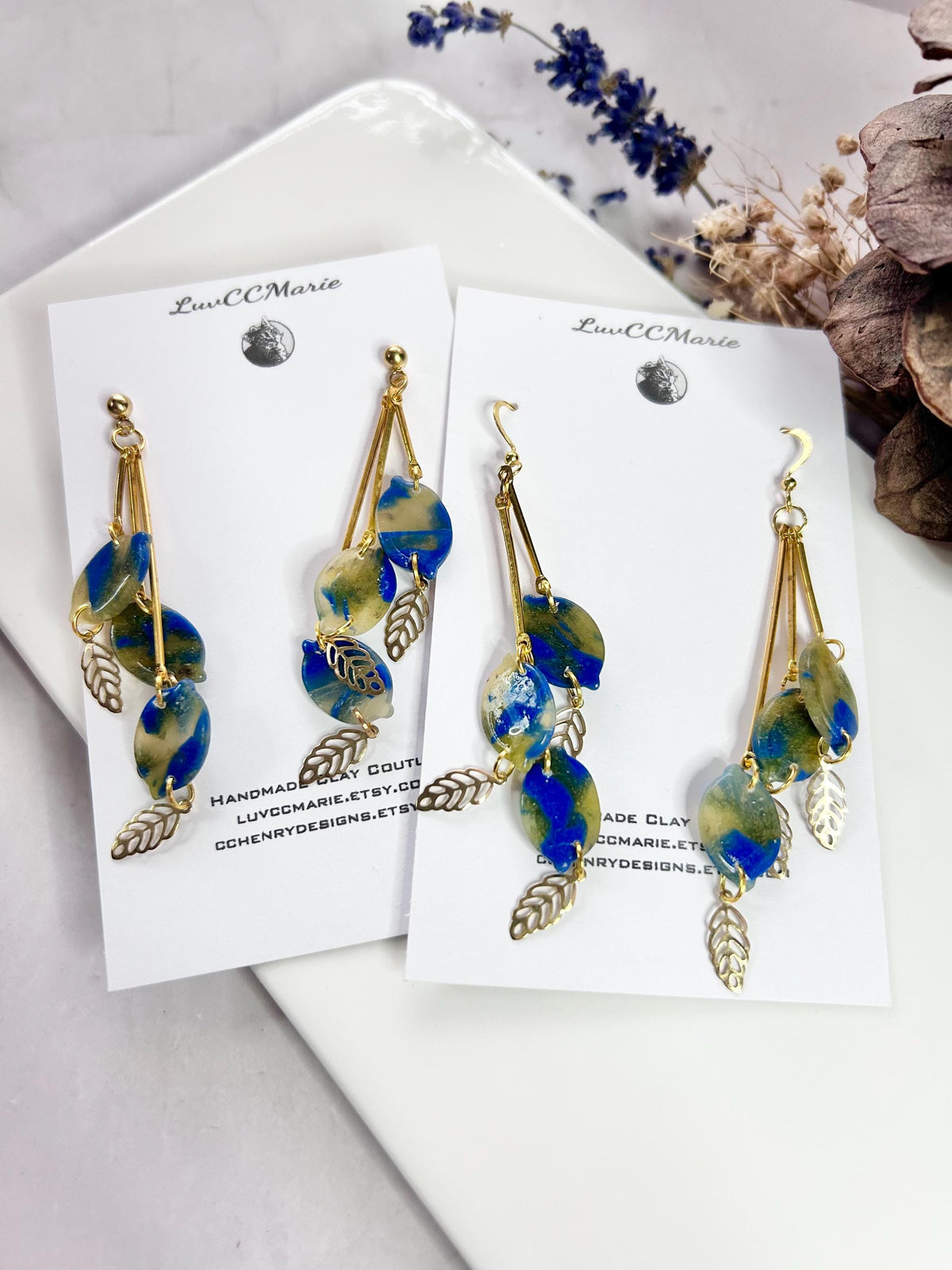 Navy Blue Dangle Earrings, Lemon Bar Clay Dangles, Gold Leaf Fall Earrings, Boho Jewelry