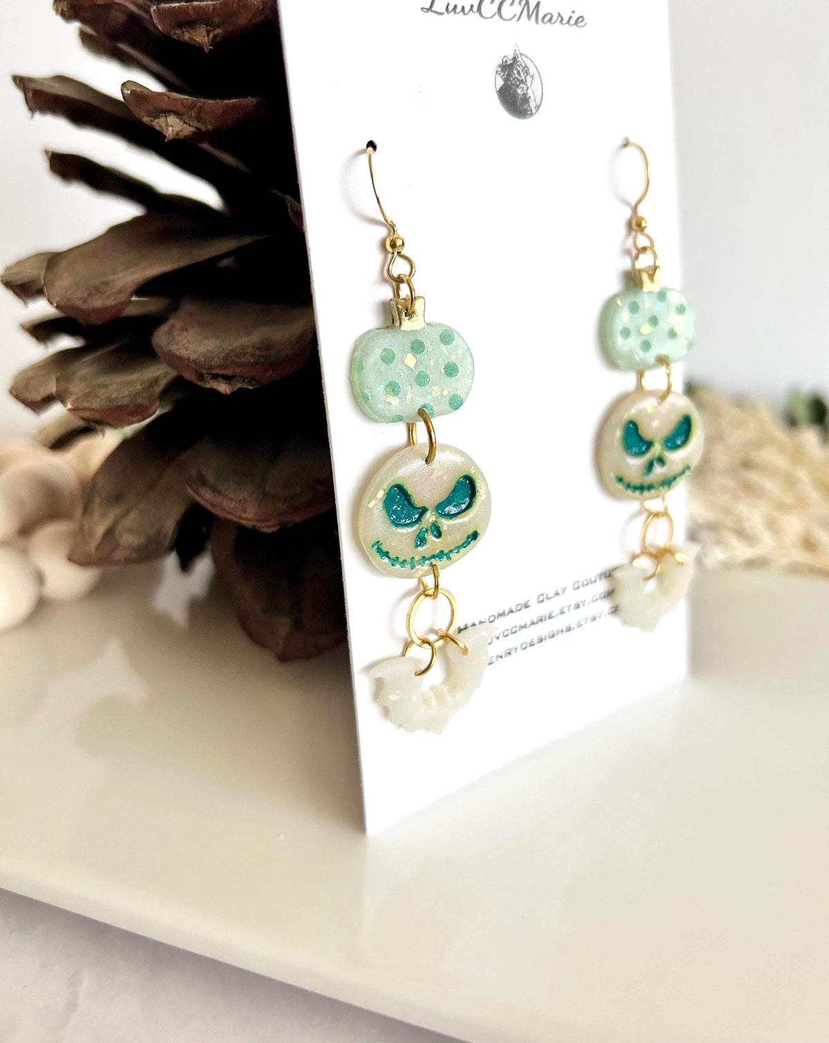 Mint Green Pumpkin Earrings, Skull Bat Long Dangles, Lightweight Hypoallergenic Clay Polka Dot