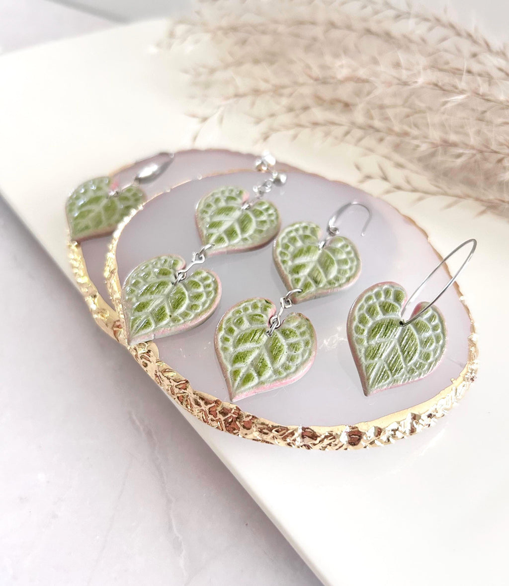 String of Hearts Leaf Earrings, Olive Pink Leaf Dangles, Clay Drop Houseplant Jewelry