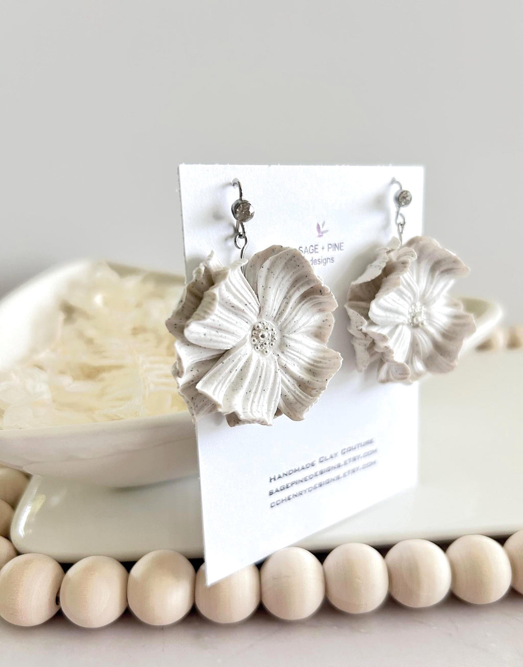 White Dangle Flower Earrings, Big Floral Drop Dangles, Silver Rhinestone Unique Statement Jewelry Gift