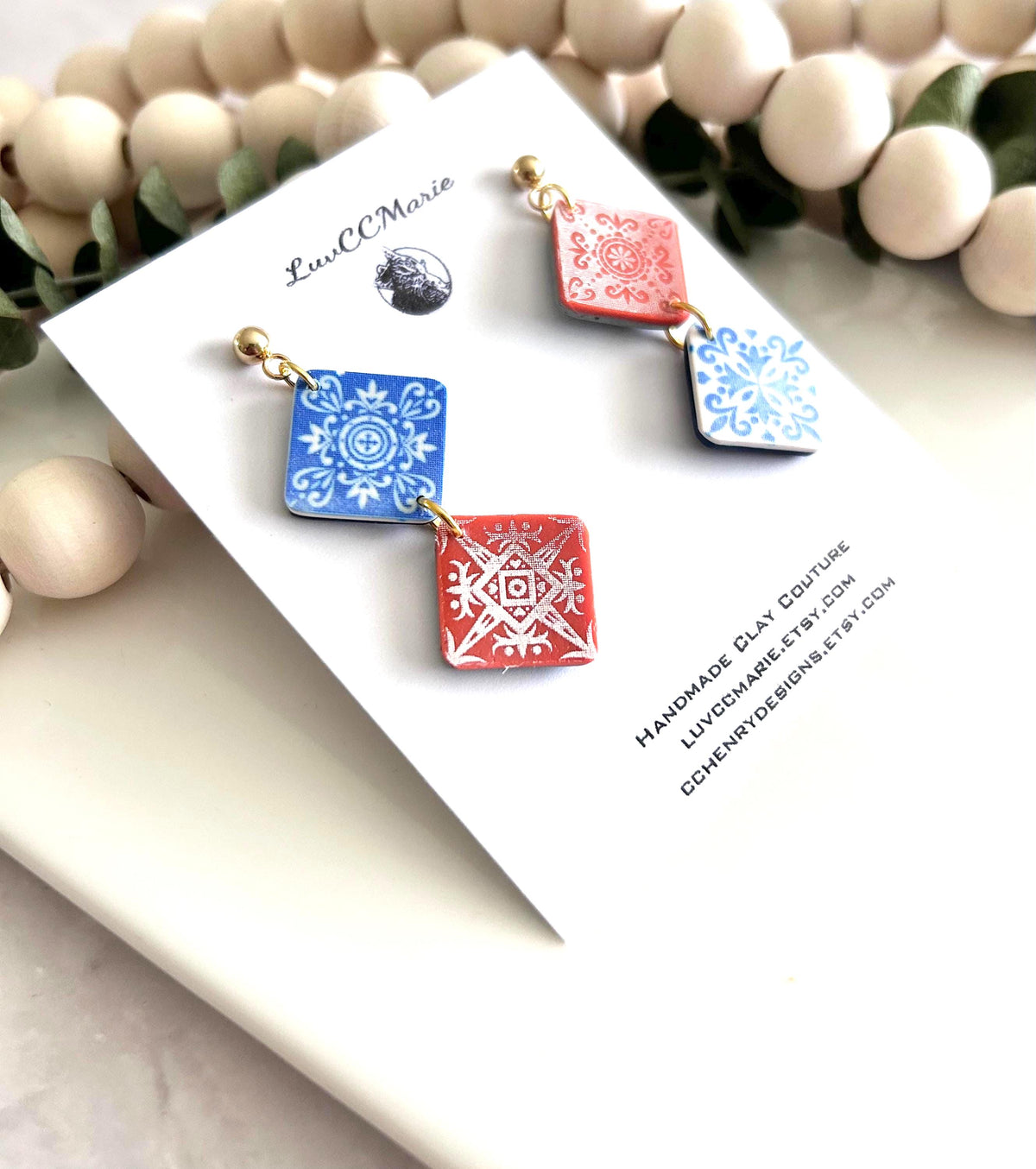 Talavera Clay Tile Earrings, Blue White Coral Dangles, Mexican Terracotta, Mediterranean Jewelry
