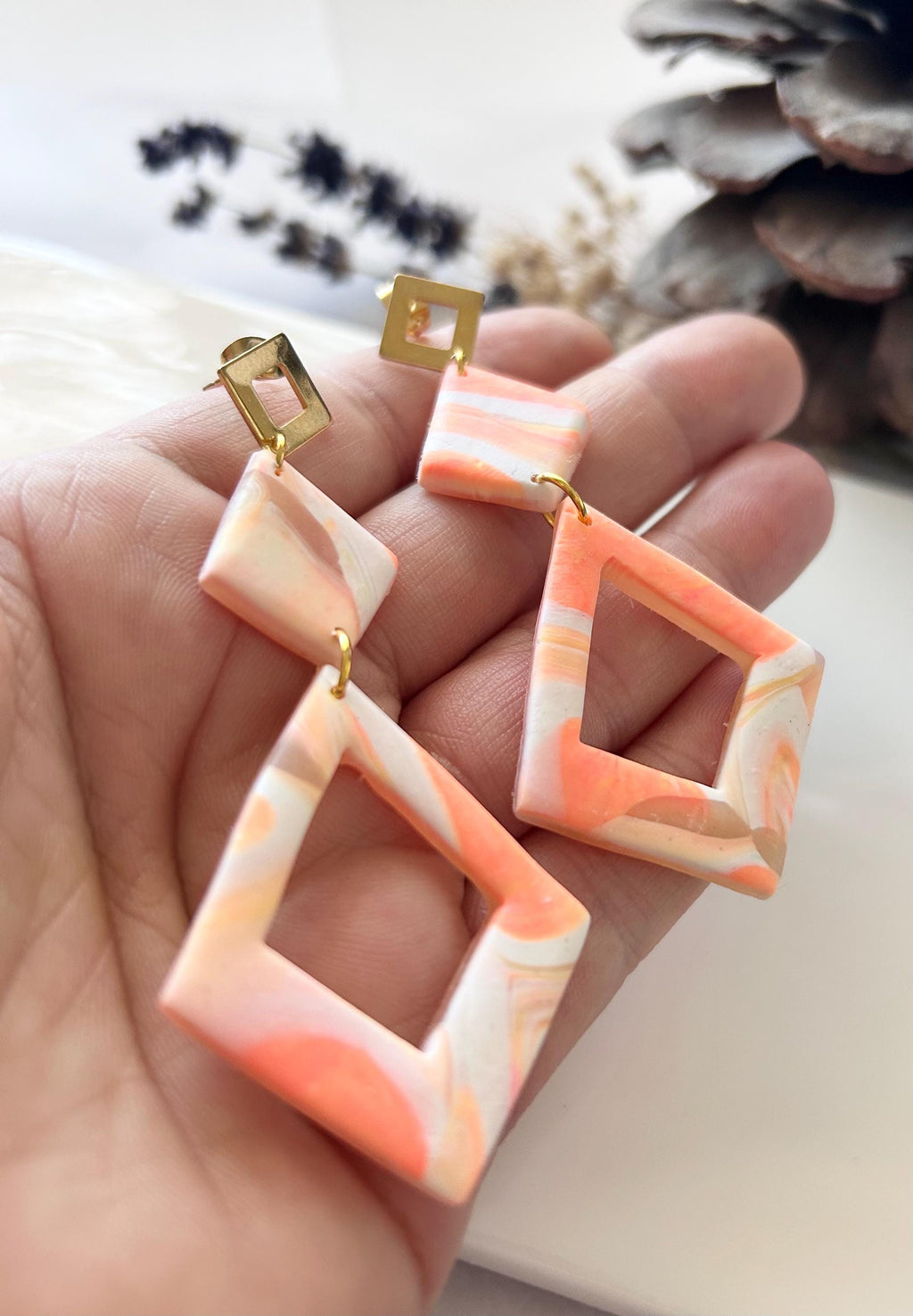 Coral Statement Dangle Earrings, Geometric Dangles, Handmade Lightweight Boho Jewelry