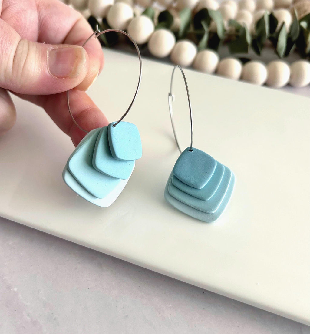 Pink or Blue Pastel Earrings, Dangle Hoops, Geometric Clay Dangles, Beach Vacation Jewelry Gift