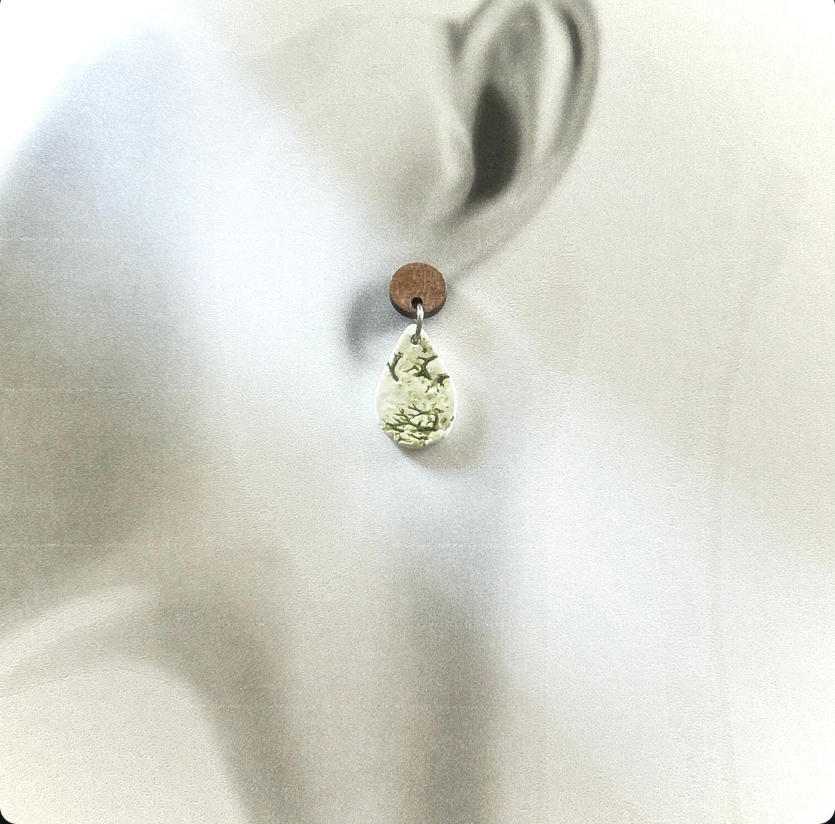 Nature Inspired Moss Earrings, Clay and Wood Drop Dangles, White and Green Lightweight Jewelry