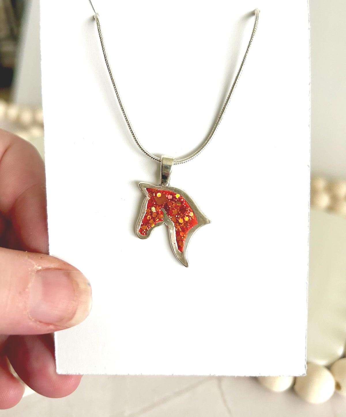 Year of the Horse Fire Necklace, Red and Silver Sparkly Pendant, Handmade Fashion Clay Jewelry