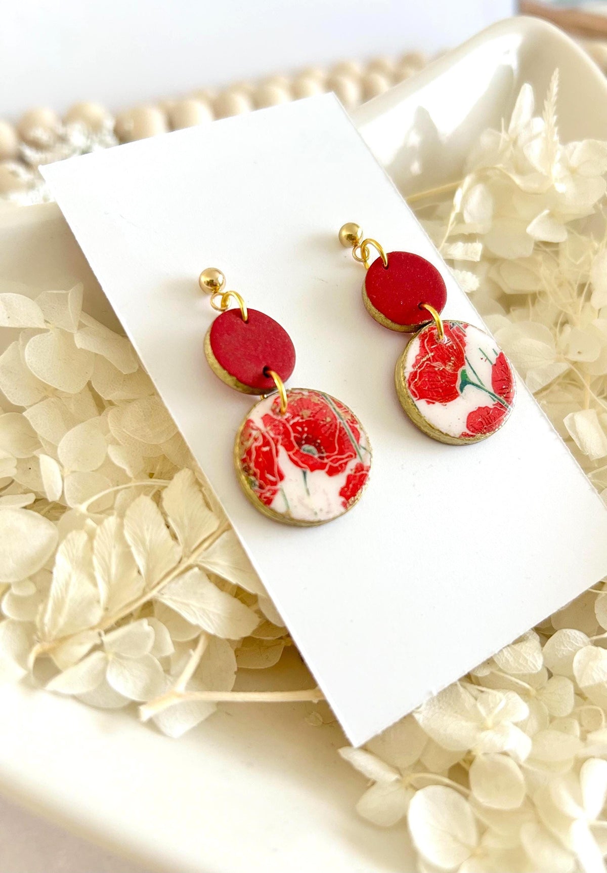 Dark Poppy Red Clay Earrings, Gold Floral Circle Dangles, Handmade Flower Boho Jewelry