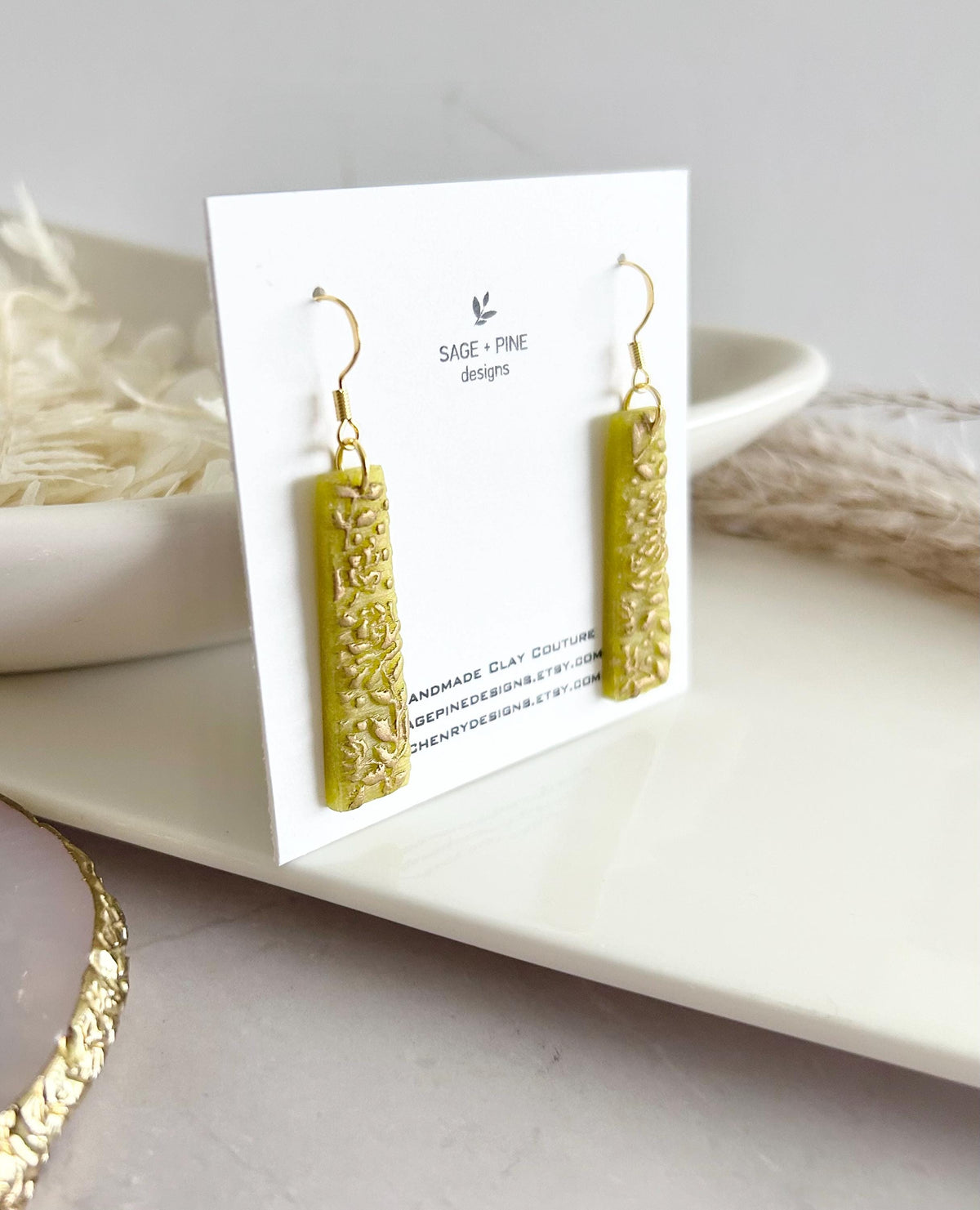 Gold Chartreuse Floral Vine Drop Rectangle Dangles, Citrus Green Yellow Earrings, Fall Leaf Jewelry