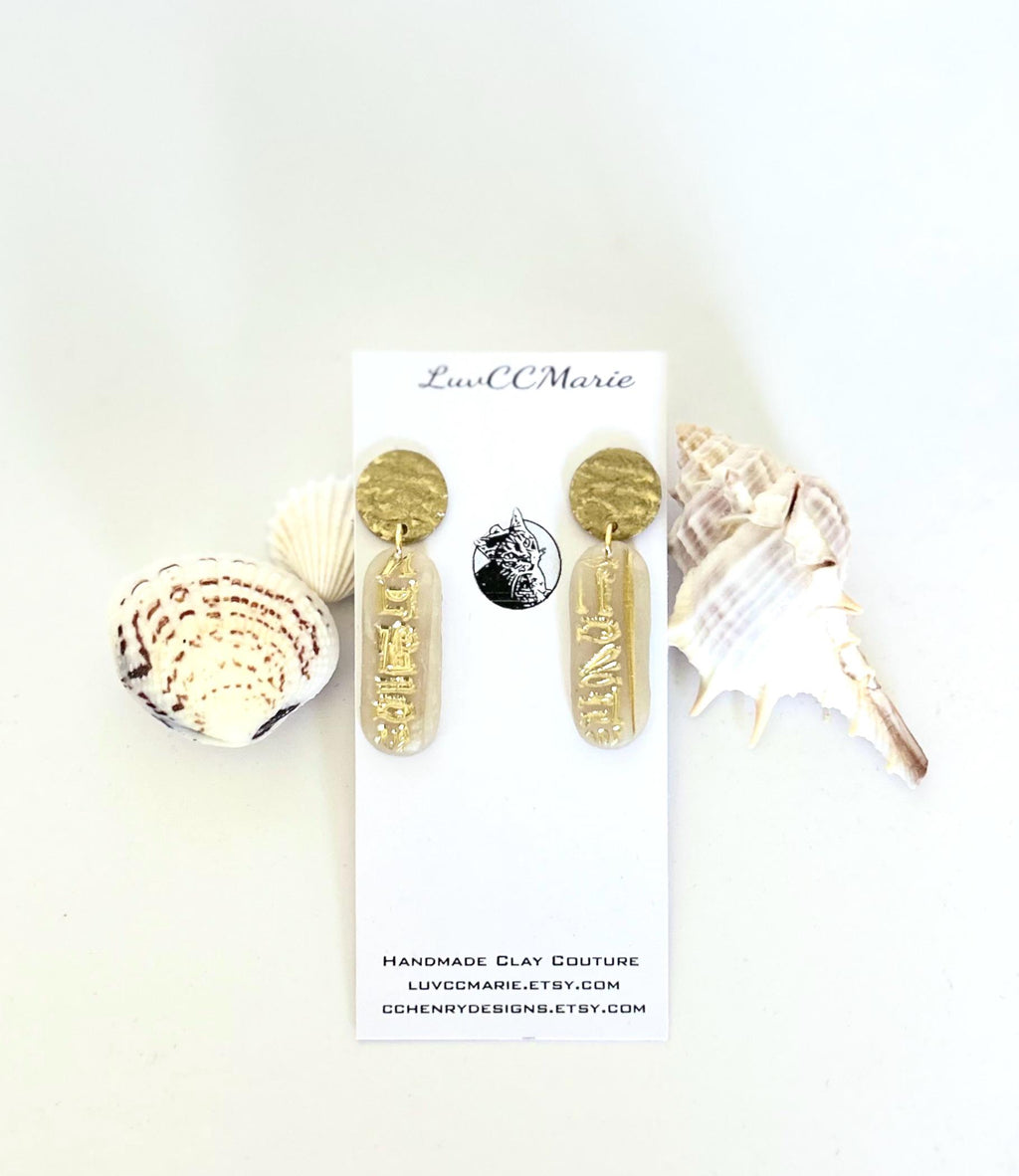 Egypt Earrings, Cartouche Bar Dangles, Egyptian Hieroglyph Clay Jewelry