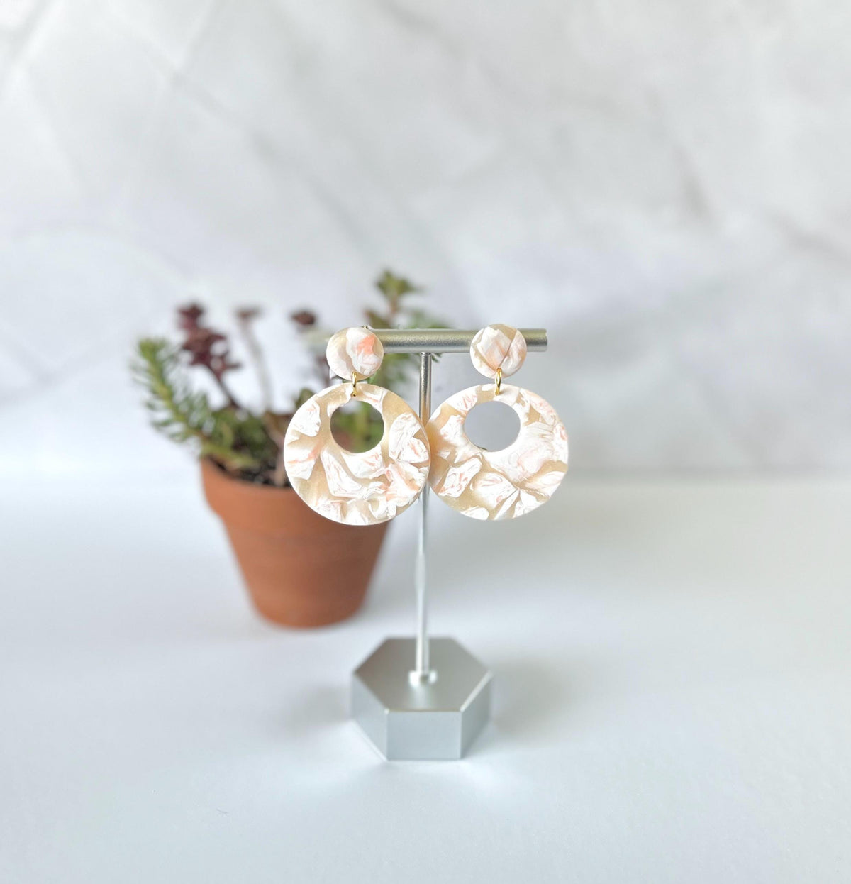 Handmade Clay Hoop Dangles, Peach and White Hoop Dangle Earrings, Minimalist Jewelry Gift