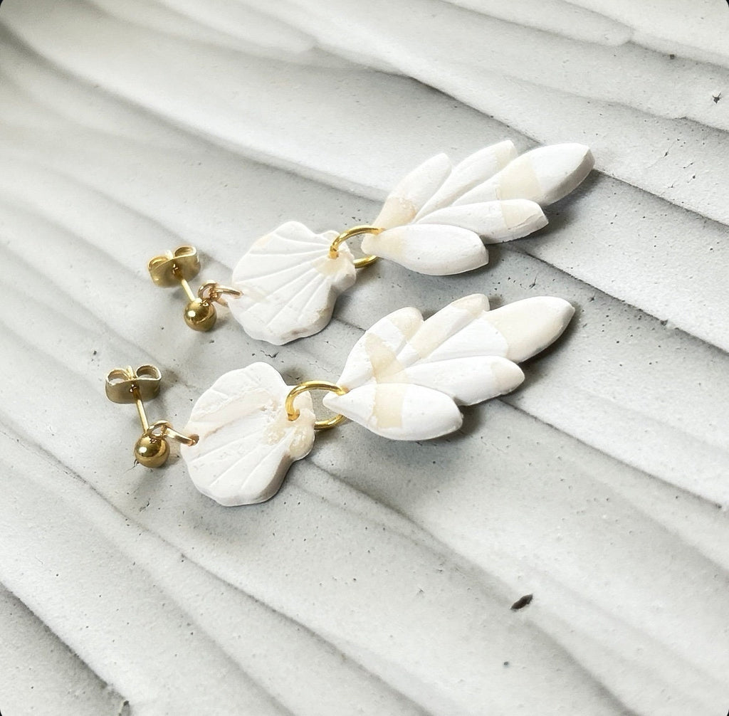 White Cream Beachy Earrings, Coastal Vacation Drop Dangles, Large Leaf Handmade Clay Jewelry Gift