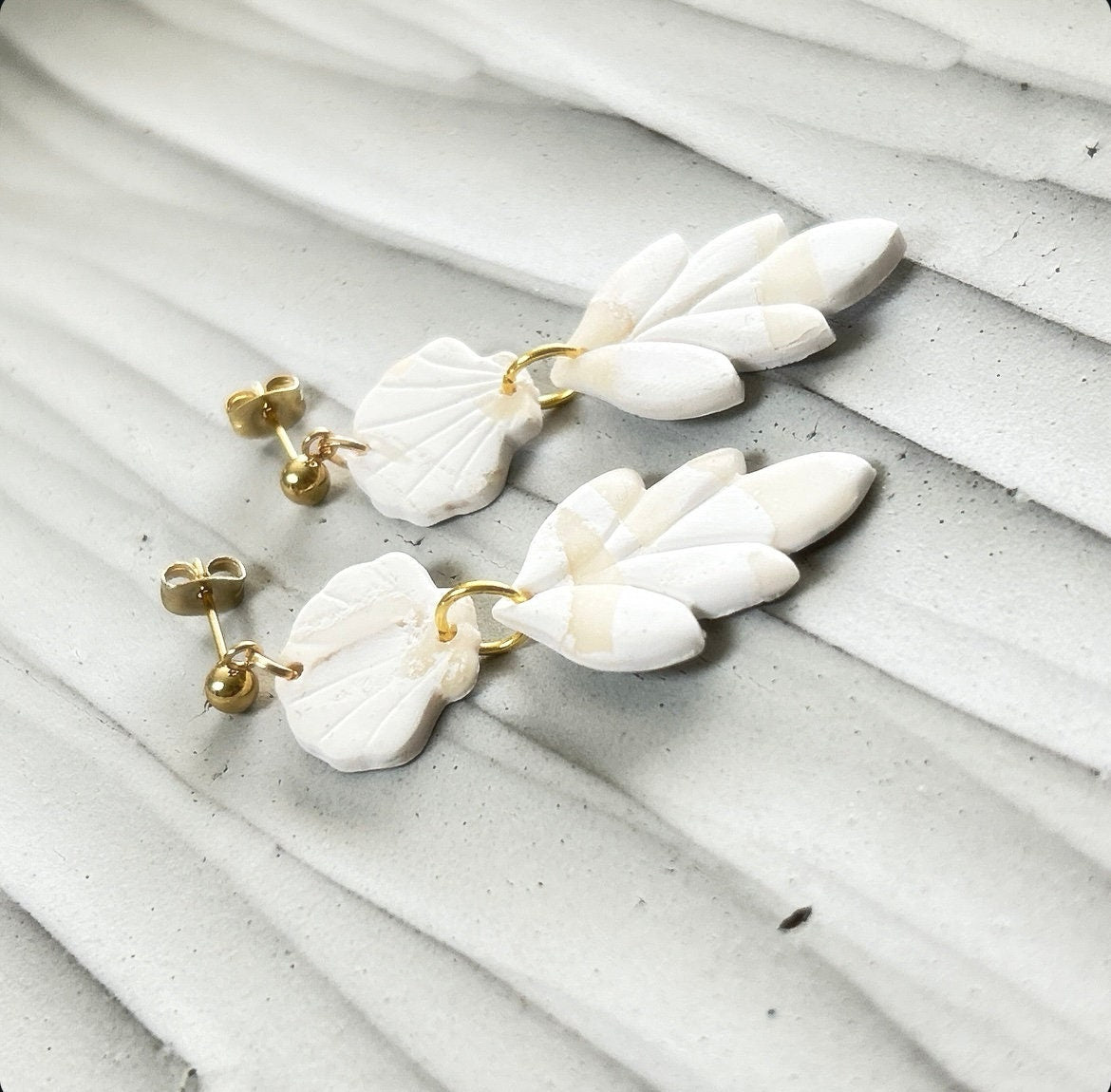 White Cream Beachy Earrings, Coastal Vacation Drop Dangles, Large Leaf Handmade Clay Jewelry Gift