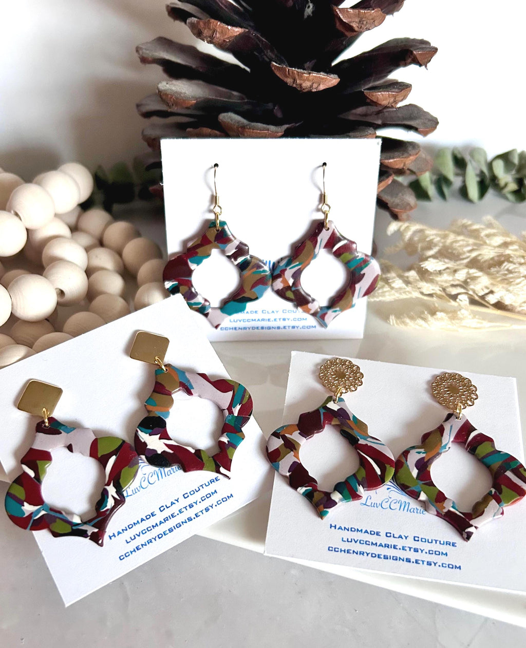 Handmade Moroccan Clay Earrings, Boho Chic Lightweight Dangles, Retro Large Multicolor Statement Jewelry