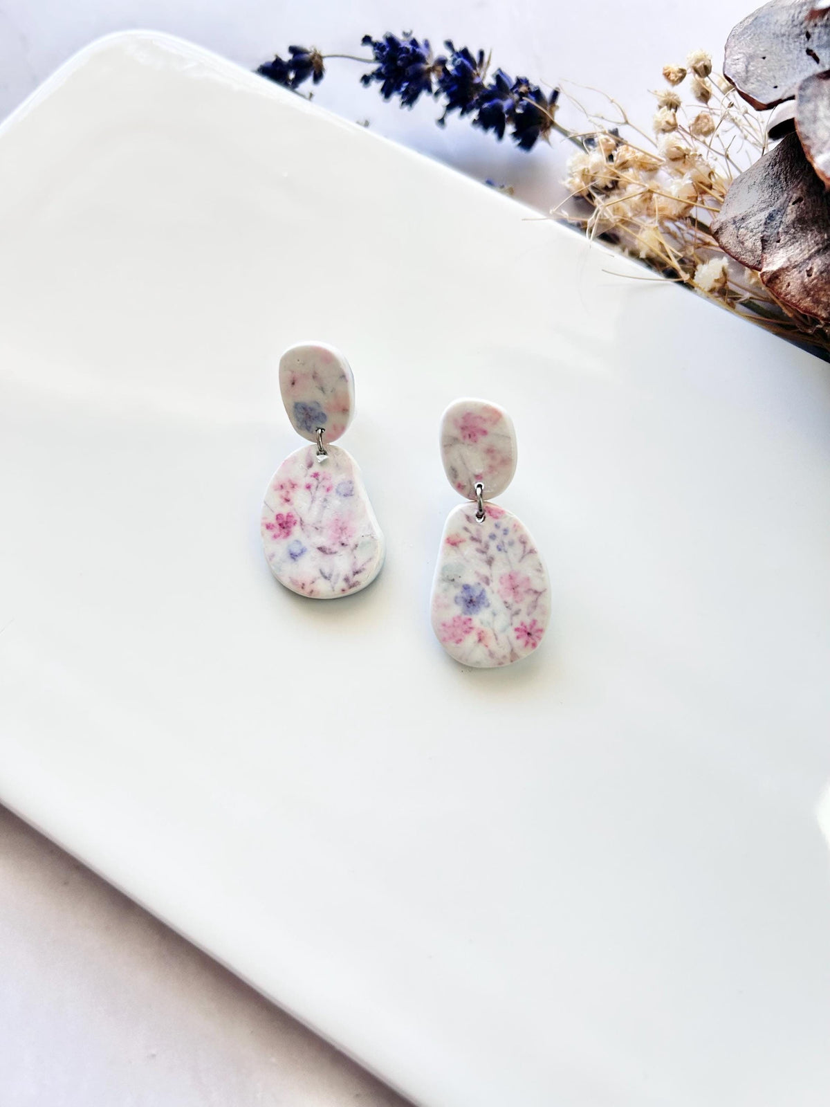 Pink and Blue Floral Earrings, Pastel Flower Clay Earrings, Stud Dangles, Handmade Jewelry