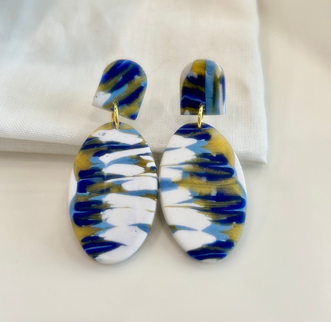 Cobalt Blue Swirl Clay Earrings: Gold Stainless Steel Boho Dangles