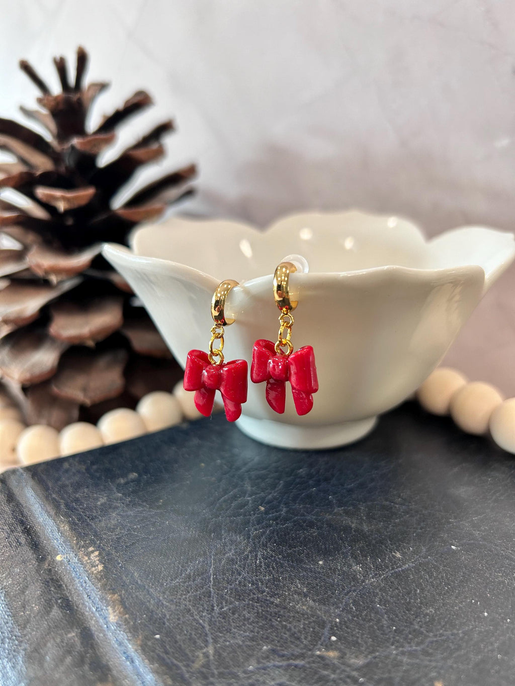 Red Clay Bow Knot Holiday Earrings, Hypoallergenic Dangles