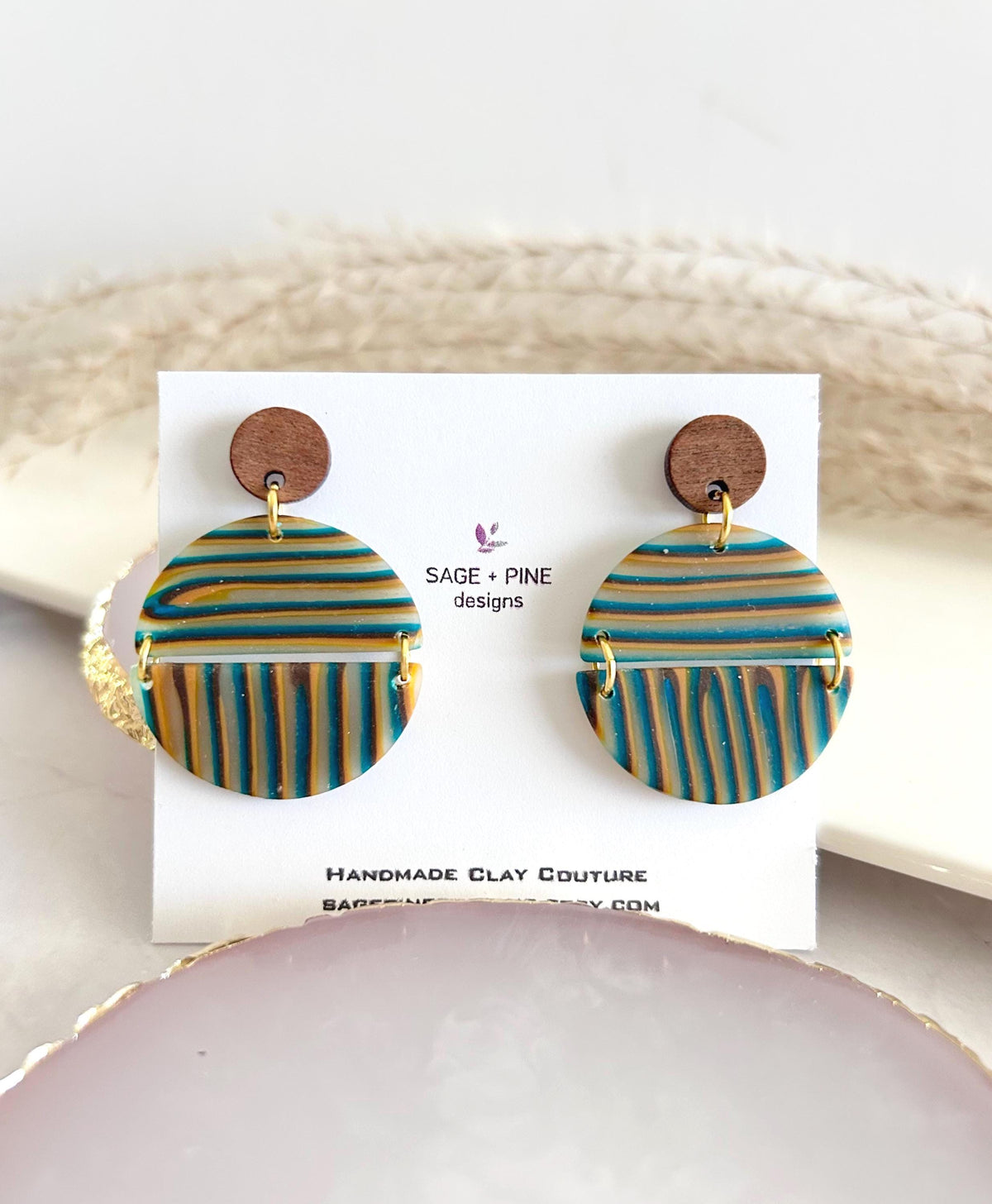 Burgundy Striped Earrings, Teal Mustard Fall Earrings, Multicolor Handmade Boho Wood Clay Drop Dangles