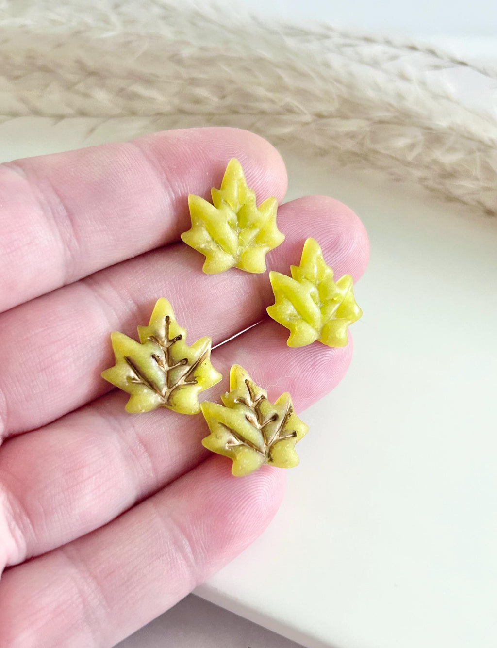 Clay Stud Earrings, Maple Leaf Fall Studs, Chartreuse Green, Hypoallergenic Surgical Posts