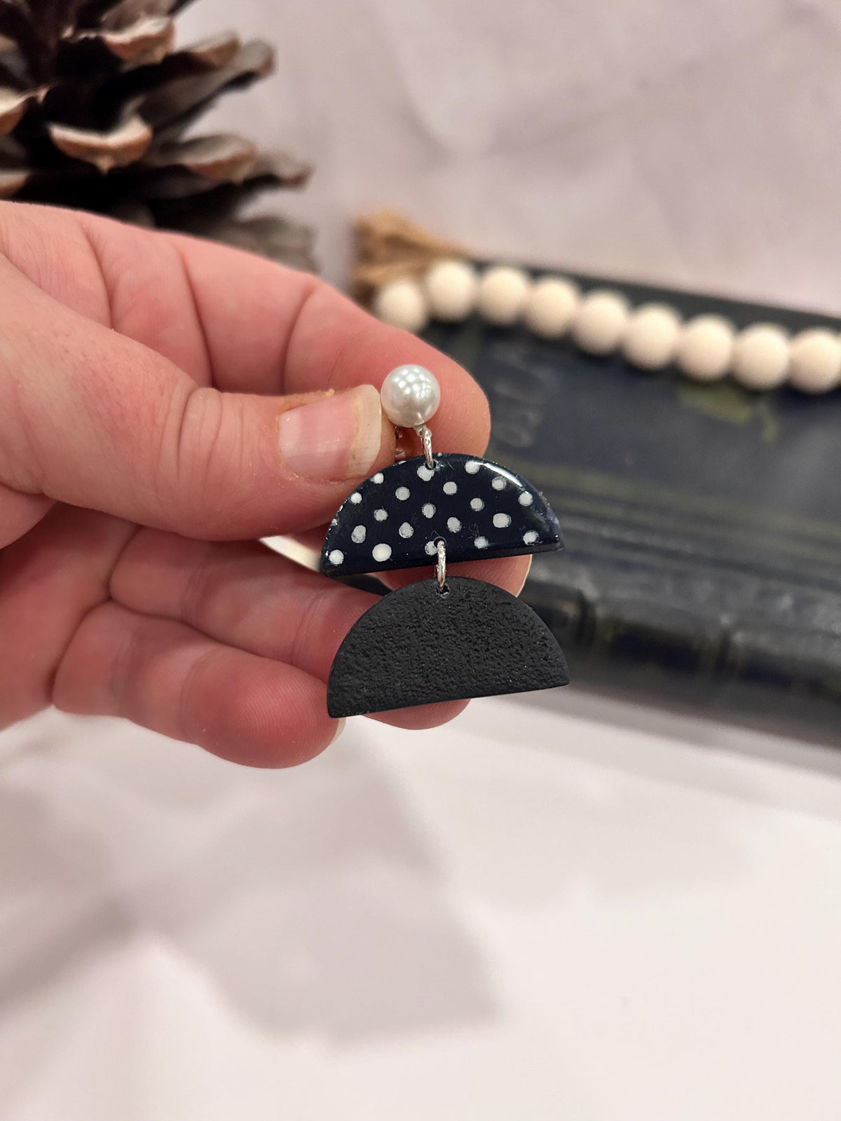 Navy Blue Handmade Polka Dot Clay Dangle Earrings: Retro Boho Pearl Studs