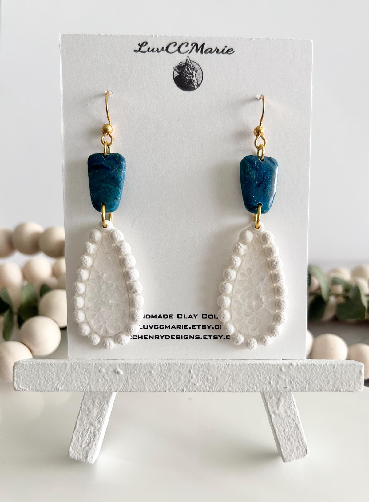 Teal and White Teardrop Earrings, Pearl Floral Clay Dangles, Handmade Bridal Coastal Jewelry