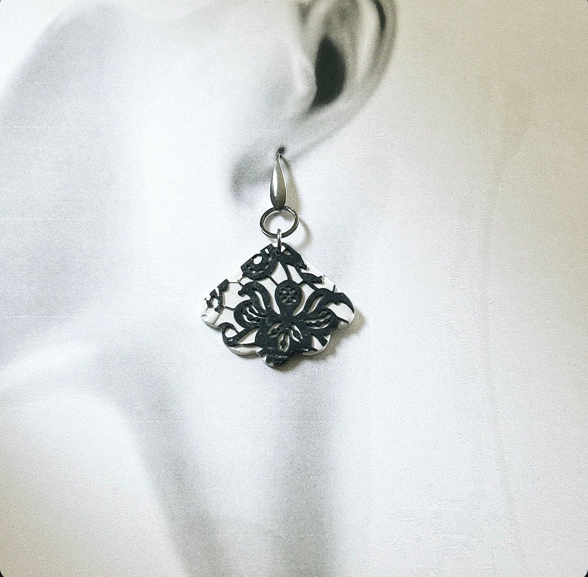 Black & White Lace Earrings, Charcoal Gray Wedding Dangles, Stainless Steel Clay Jewelry Handmade