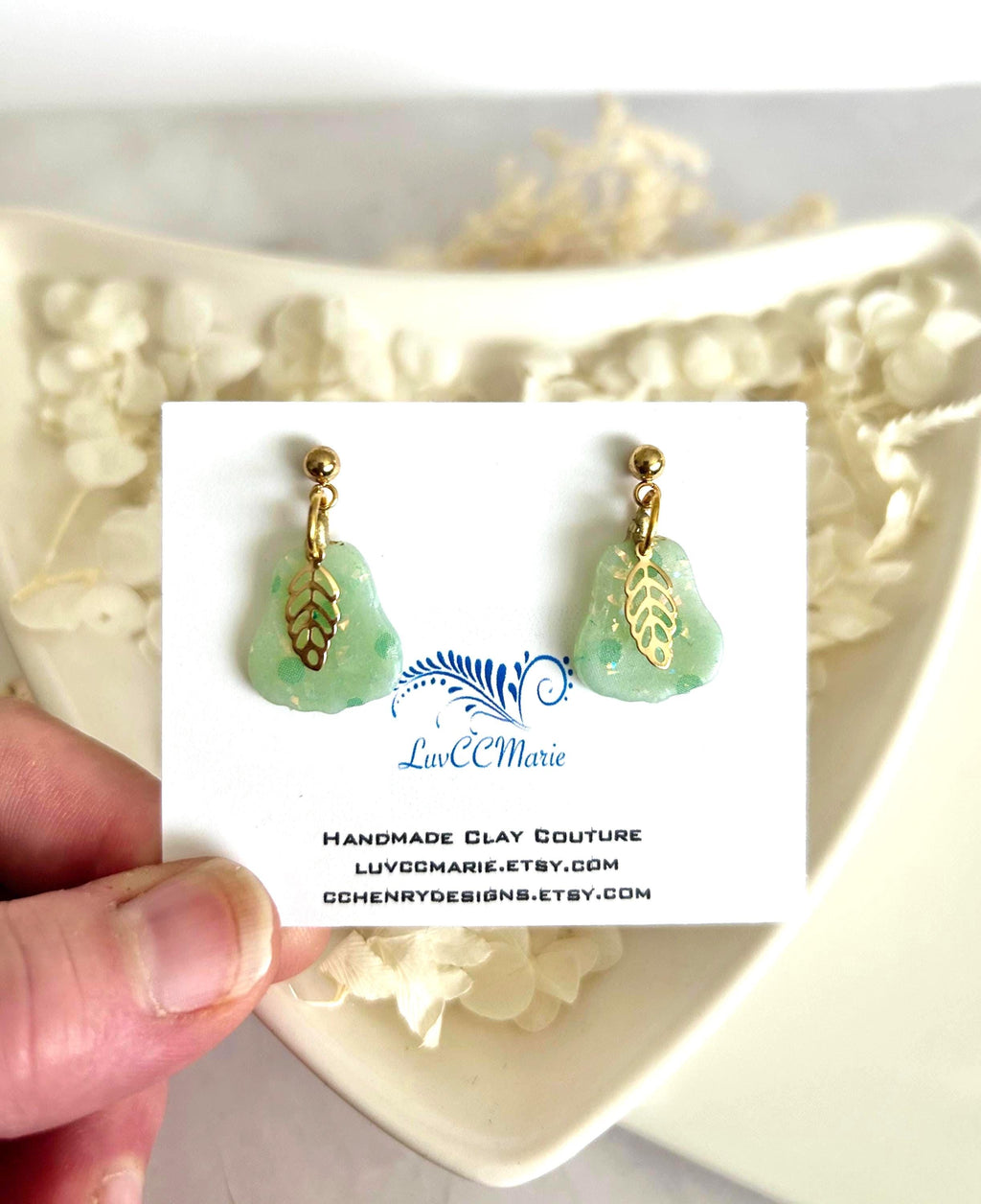 Mint Green Polka Dot Pear Clay Earrings, Pastel Opal Dangles, Handmade Fashion Boho Jewelry
