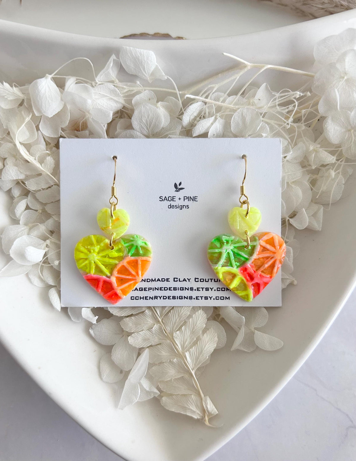 Neon Orange Heart Earrings, Grapefruit, Lemon, Lime, Unique Handcrafted Dangles, 90s Statement Clay Jewelry