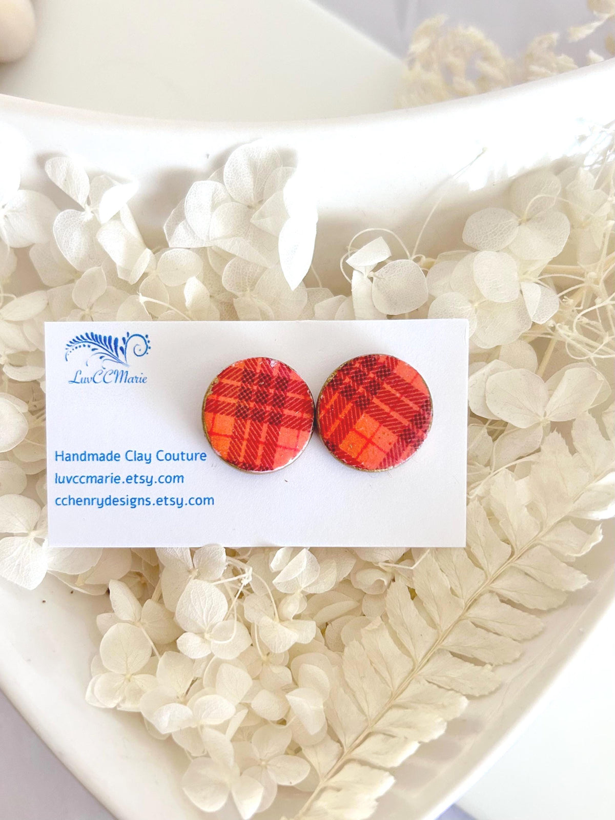 Dark Burgundy Red and Orange Plaid Stud Earrings, Clay Studs, Gingham Jewelry, Hypoallergenic Steel