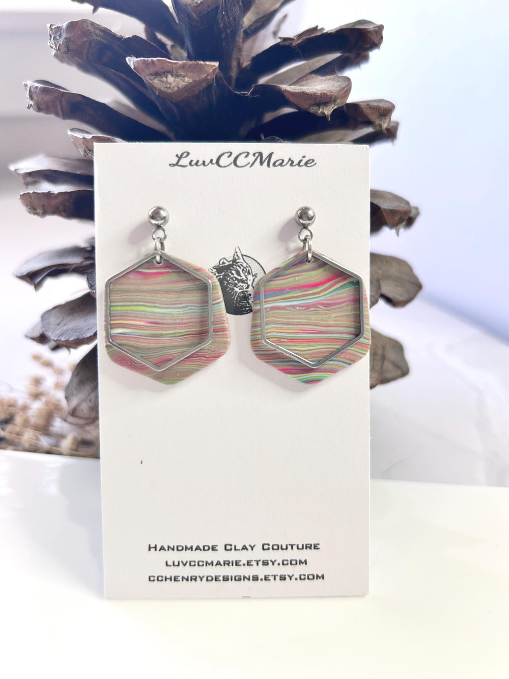 Handmade Clay Striped Earrings, Rainbow Pride Silver Dangles, Lightweight Jewelry Gift