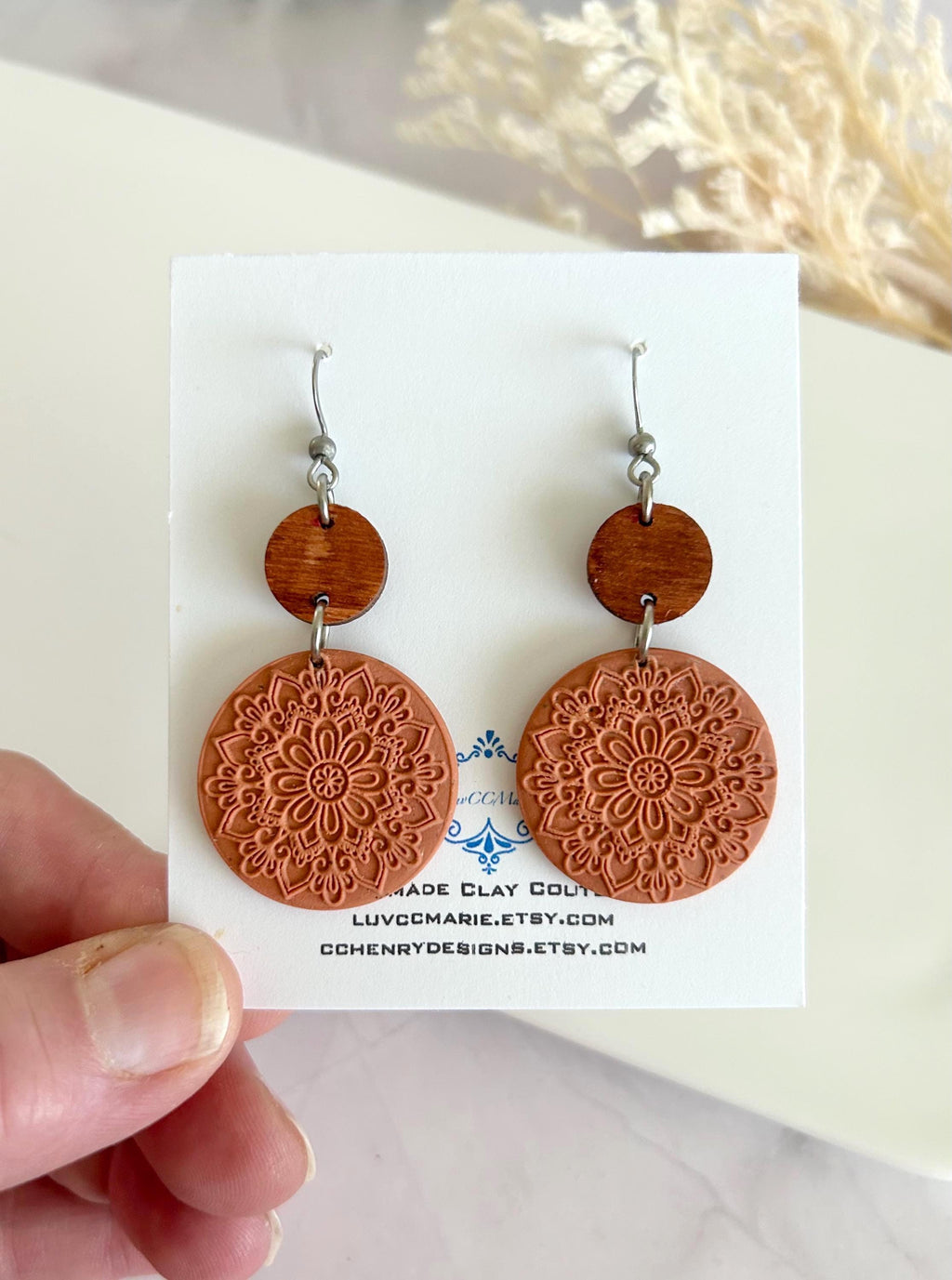 Terracotta Mandala Clay Earrings, Embossed Polymer & Wood Dangles, Handmade Fashion Boho Jewelry