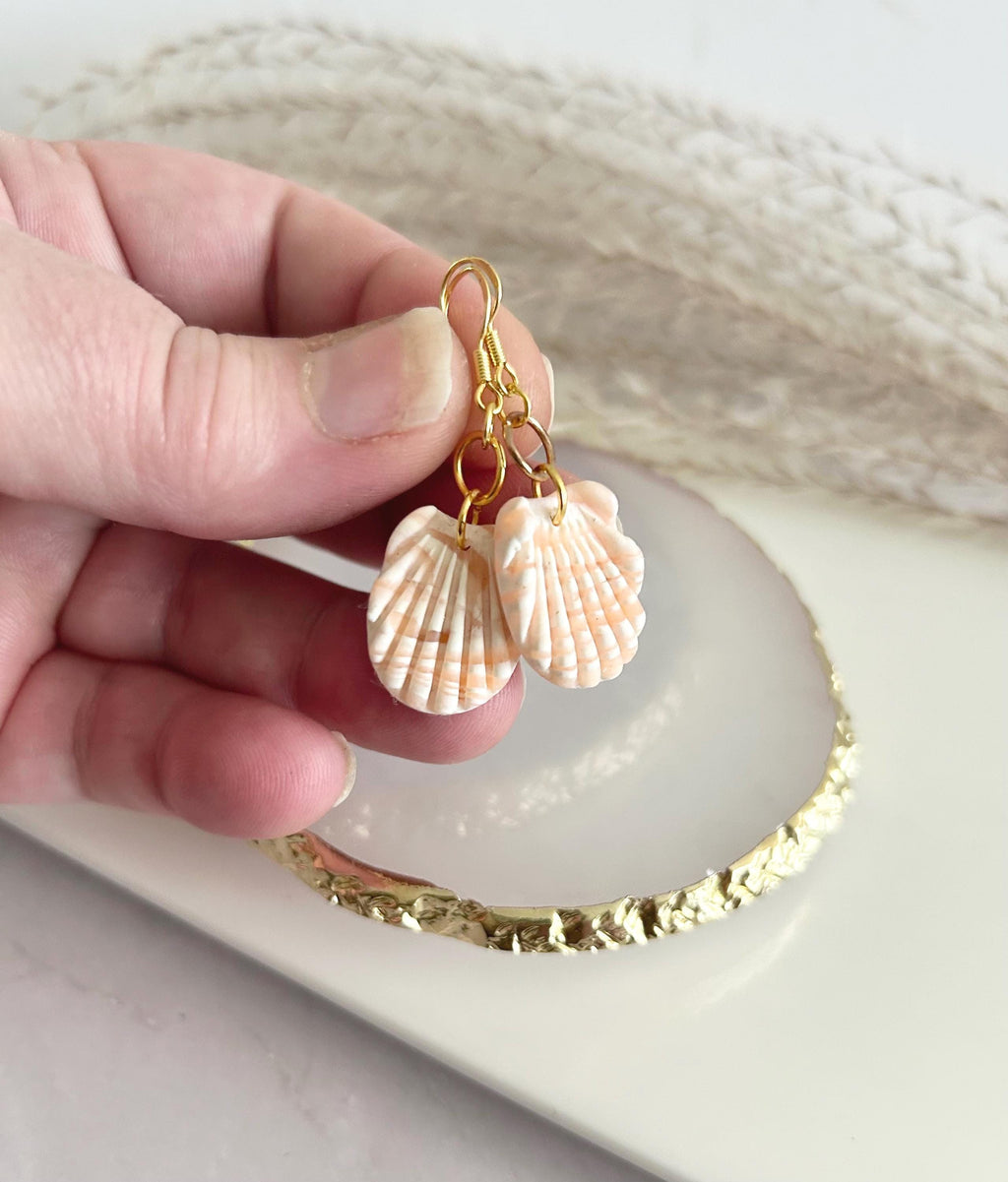 Clay Seashell Earrings, Peachy Coral and White Shell Dangles, Coastal Vacation Dangles Beach Jewelry