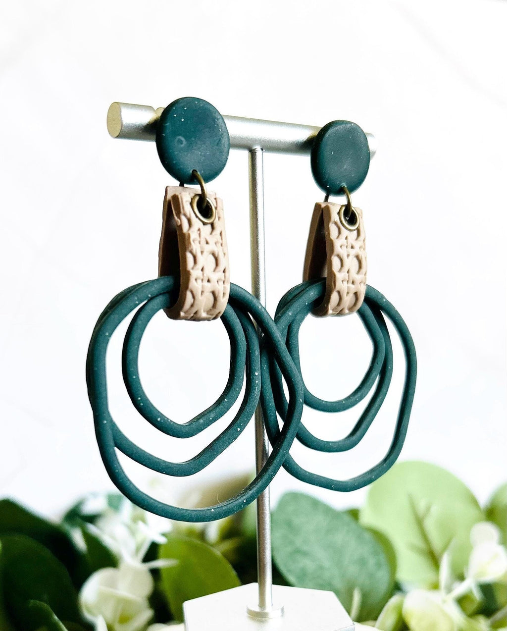 Dark Green Hoop Earrings, Forest Green Large Thin Hoops, Long Hanging Art Nouveau Drops, Unique Artisanal Dangles