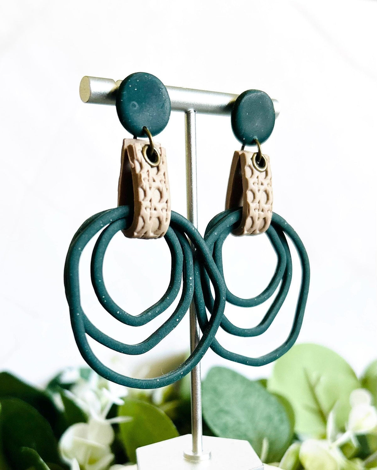 Dark Green Hoop Earrings, Forest Green Large Thin Hoops, Long Hanging Art Nouveau Drops, Unique Artisanal Dangles