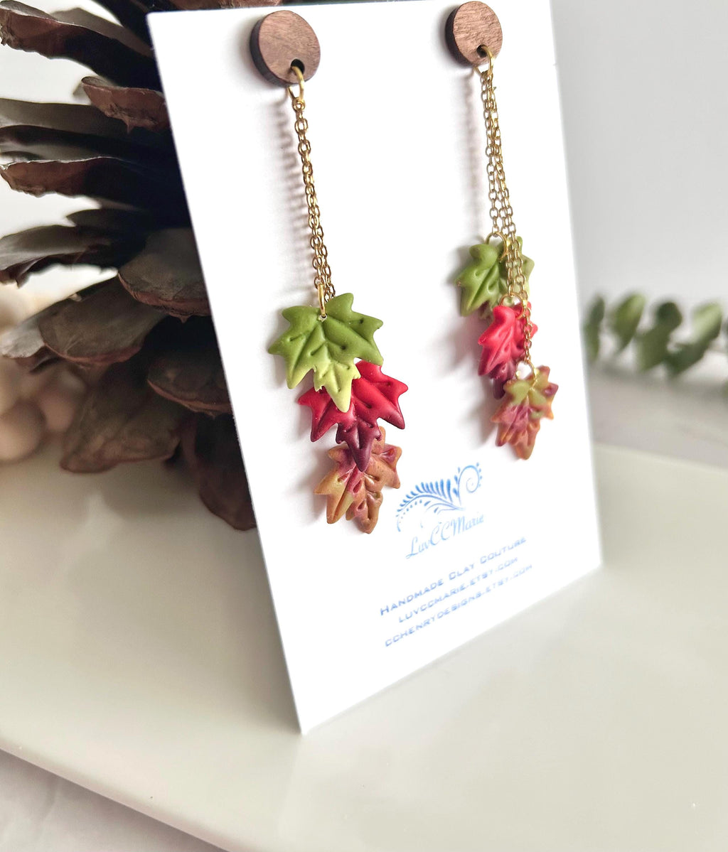 Leaf Earrings, Fall Jewelry, Polymer Clay Ombre Maple Leaves Chain Dangles