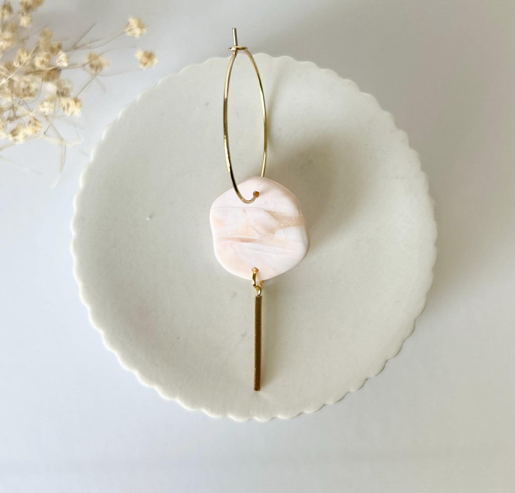 Peach and White Hoop Charm Dangle Earrings, Handmade Clay Jewelry Gift