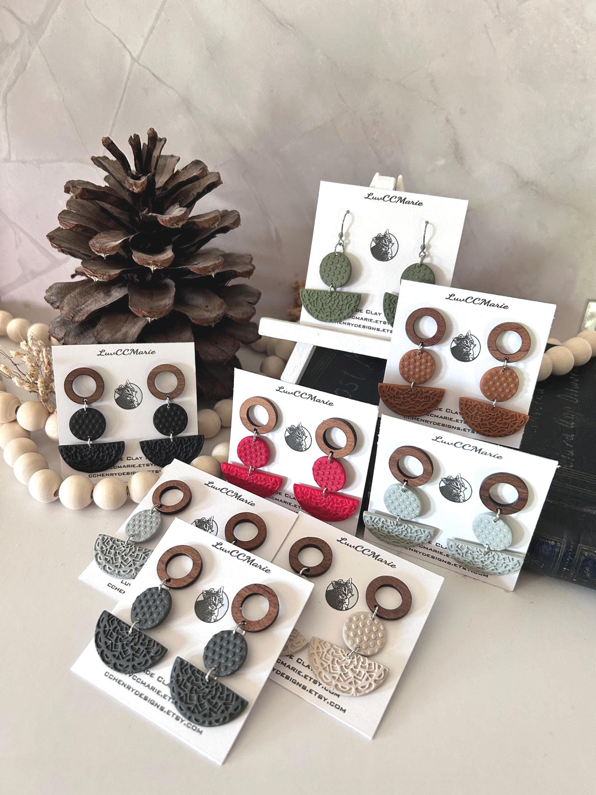 Mandala Polka Dot Clay Earrings, Open Circle Wood Post Stud Dangles, Lightweight Hypoallergenic
