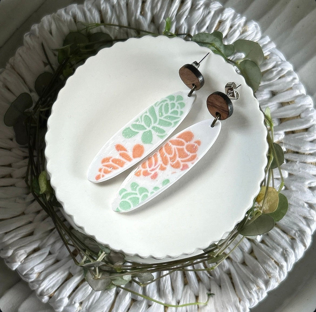 Handmade Succulent Dangle Earrings: Retro Surfboard Clay, Walnut Studs