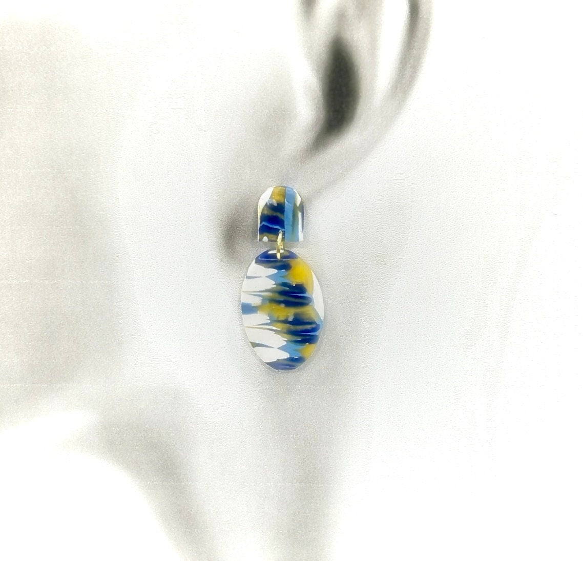 Cobalt Blue Swirl Clay Earrings: Gold Stainless Steel Boho Dangles