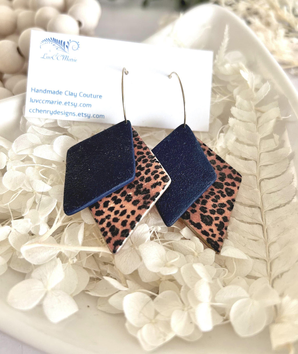 Navy Blue Leopard Print Hoop Earrings, Clay Dangles, Handmade Hypoallergenic Surgical Stainless Steel