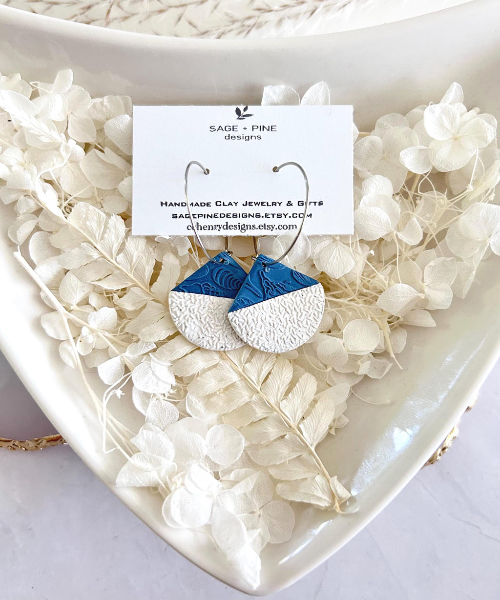 Creamy White and Teal Blue Abstract Fan Dangle Earrings, Handmade Clay Coastal Jewelry