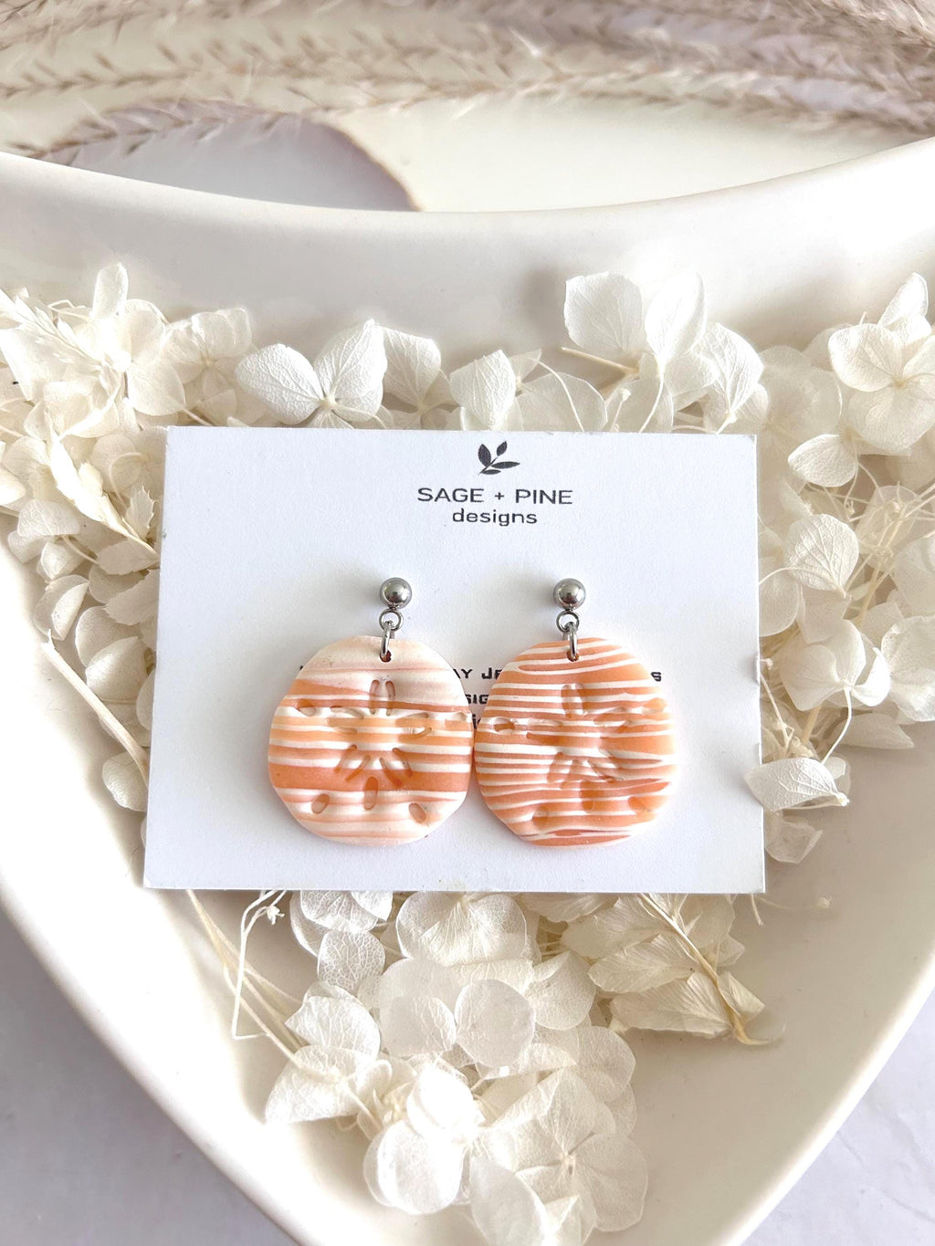 Sand Dollar Summer Earrings, Polymer Clay Dangles, Peach Mint Vacation Coastal Beach Handmade Gift