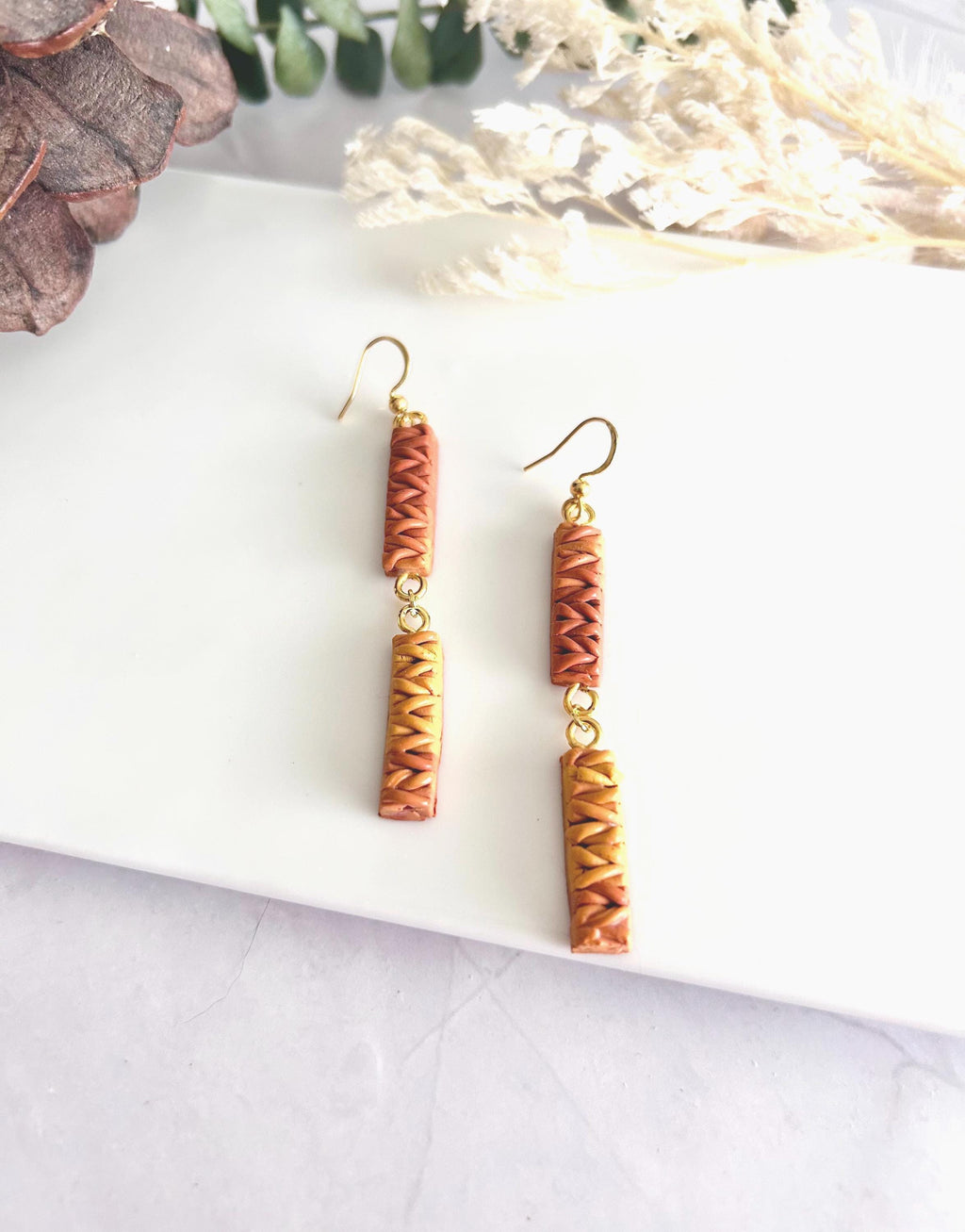 Mustard Yellow Dangle Earrings, Knit Ombre Burnt Orange Clay Dangles, Handmade Jewelry for Mom
