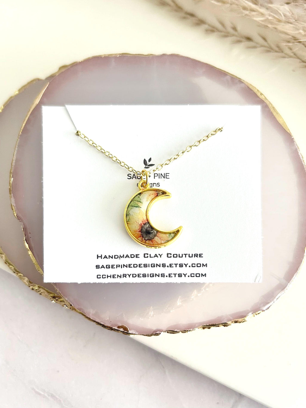 Sunflower Moon Charm Necklace, Yellow and Green Floral Pendant, Handmade Fashion Clay Jewelry