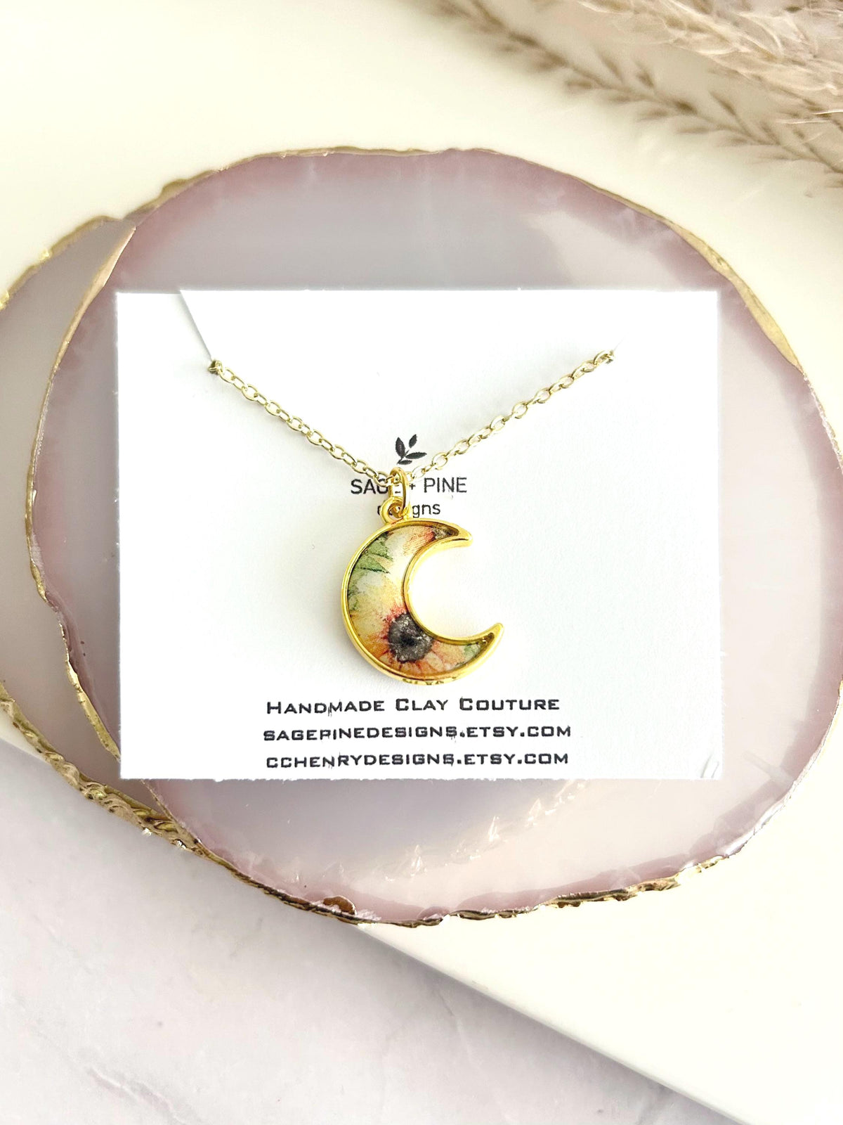 Sunflower Moon Charm Necklace, Yellow and Green Floral Pendant, Handmade Fashion Clay Jewelry