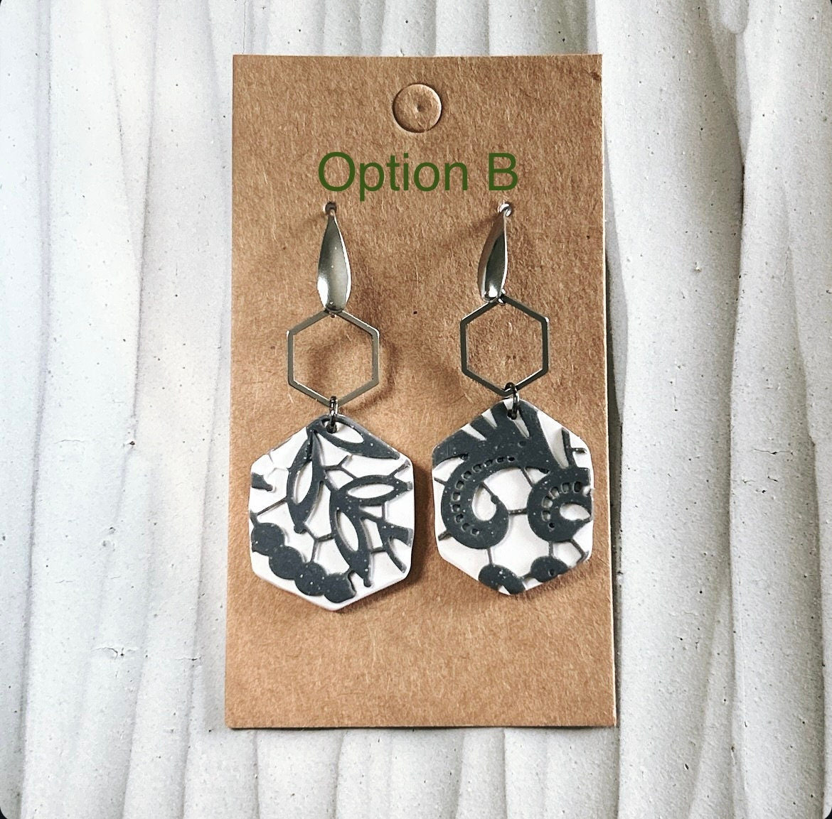 Charcoal Lace Hexagon Hoop Dangle Earrings, Boho Bridal Handmade Jewelry