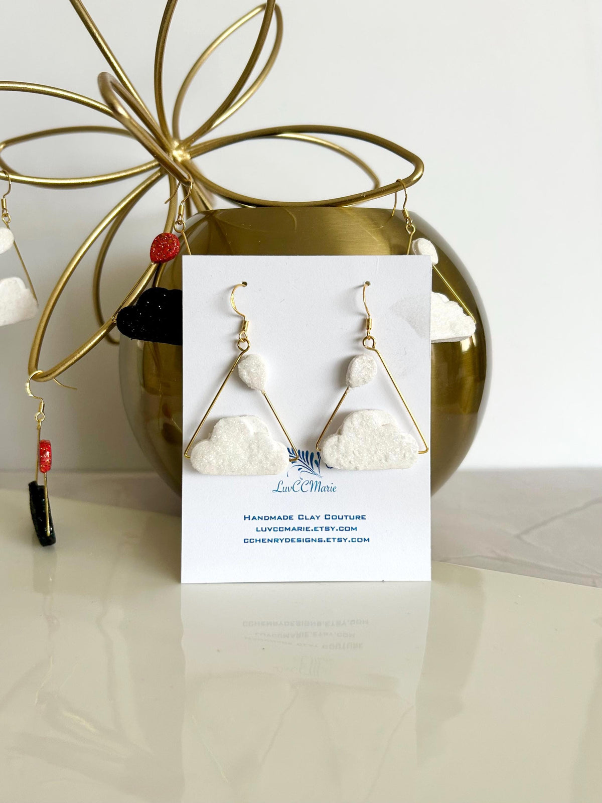 Rain Cloud Earrings, Red, White, Black, Gold, Handmade Clay Unique Gift