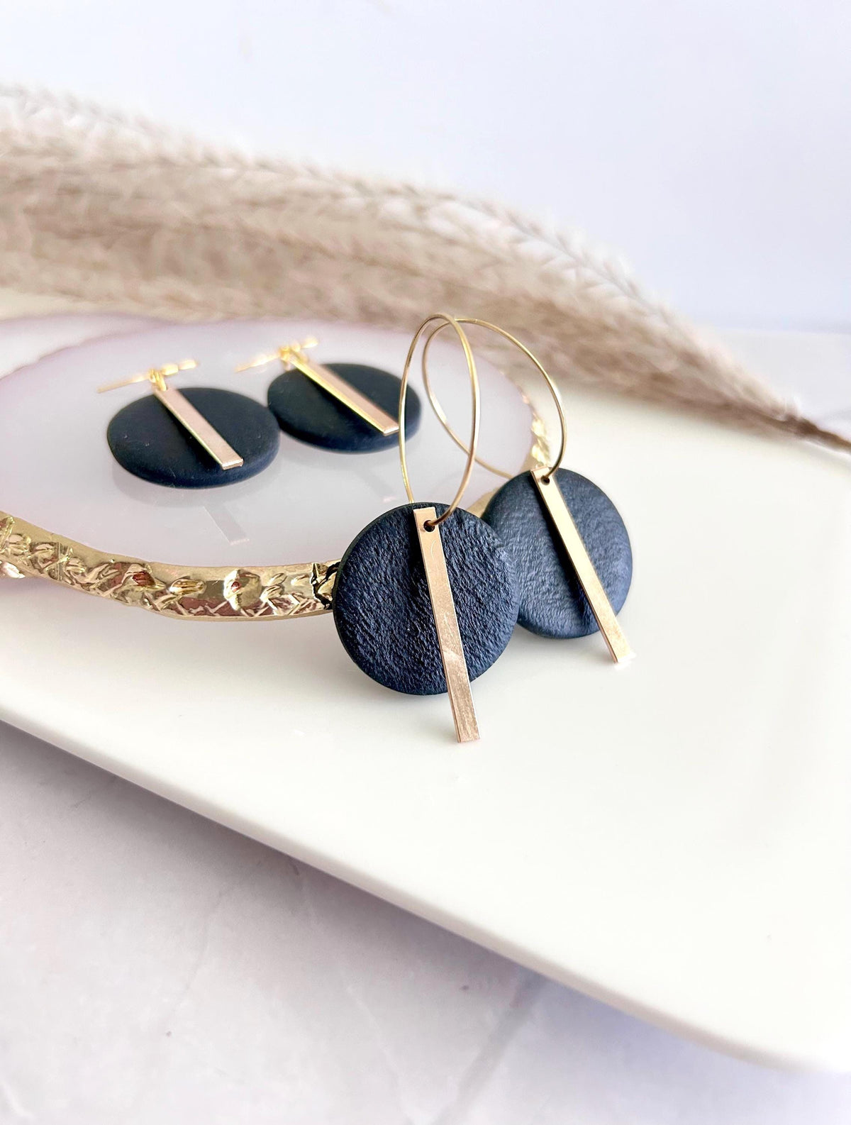 Handmade Gold Bar Hoop Clay Earrings, Neutral Black 18K Plated Dangles, Lightweight Hypoallergenic