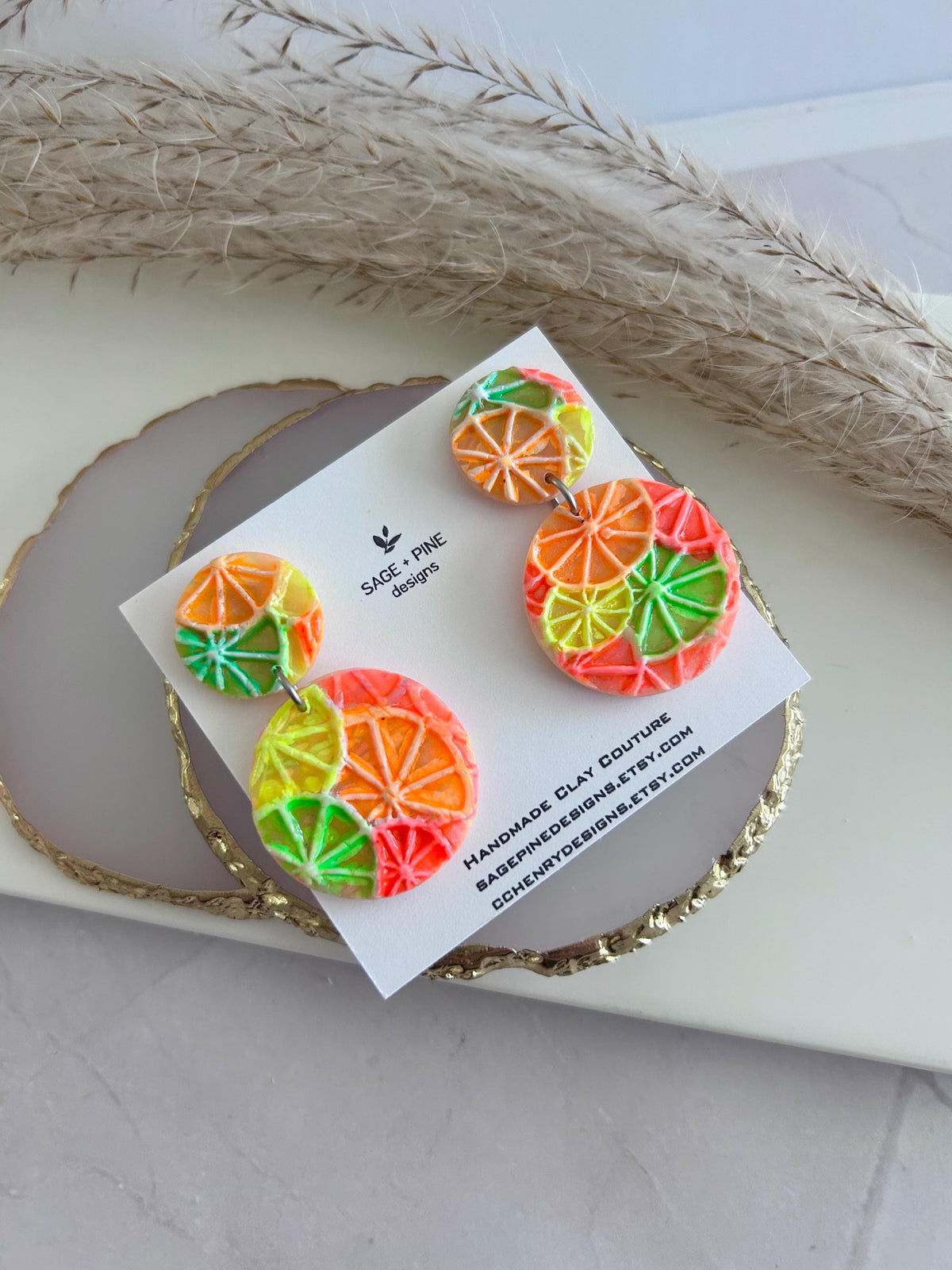 Neon Orange Slice Foodie Earrings, Grapefruit, Lemon, Lime, Unique Handcrafted Dangles, 90s Statement Clay Jewelry