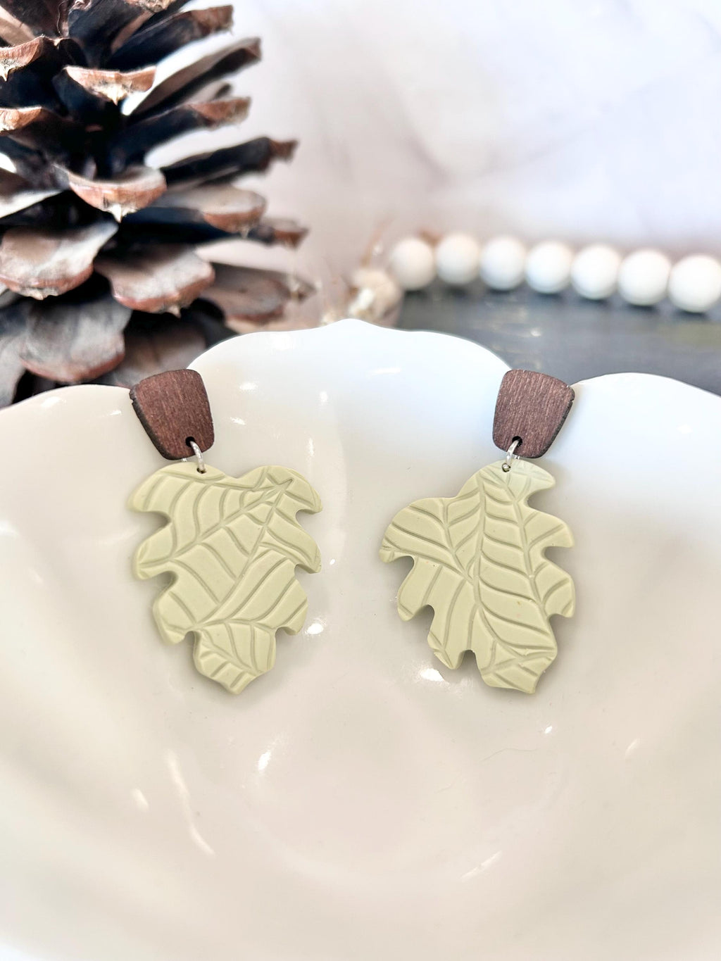 Sage Green Dangle Earrings, Wood and Clay Monstera Leaf Stud Dangles, Handmade Clay Jewelry