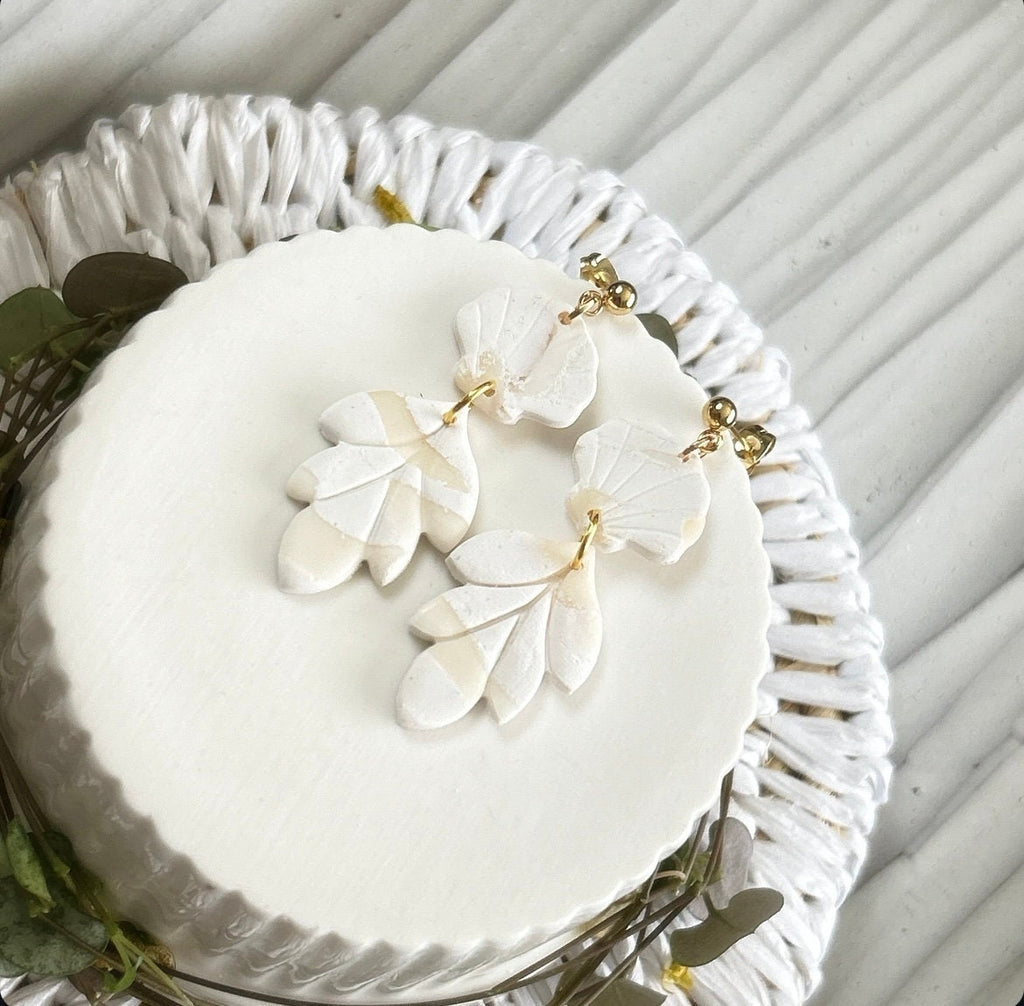 White Cream Beachy Earrings, Coastal Vacation Drop Dangles, Large Leaf Handmade Clay Jewelry Gift
